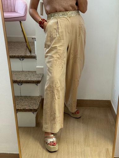 Pantalón beige bordado